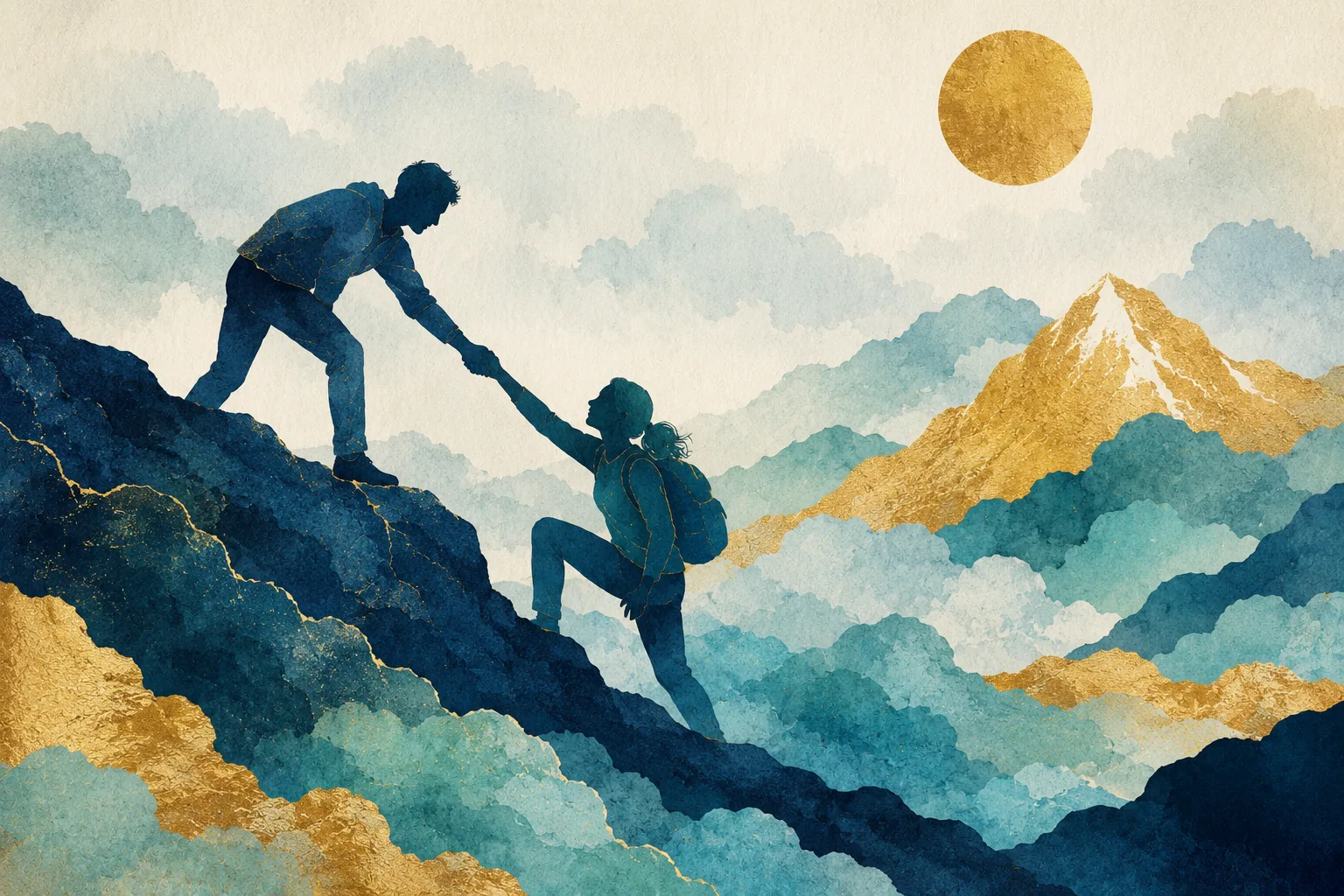 A neighbor helping another up a mountainside — Anchorage watercolor